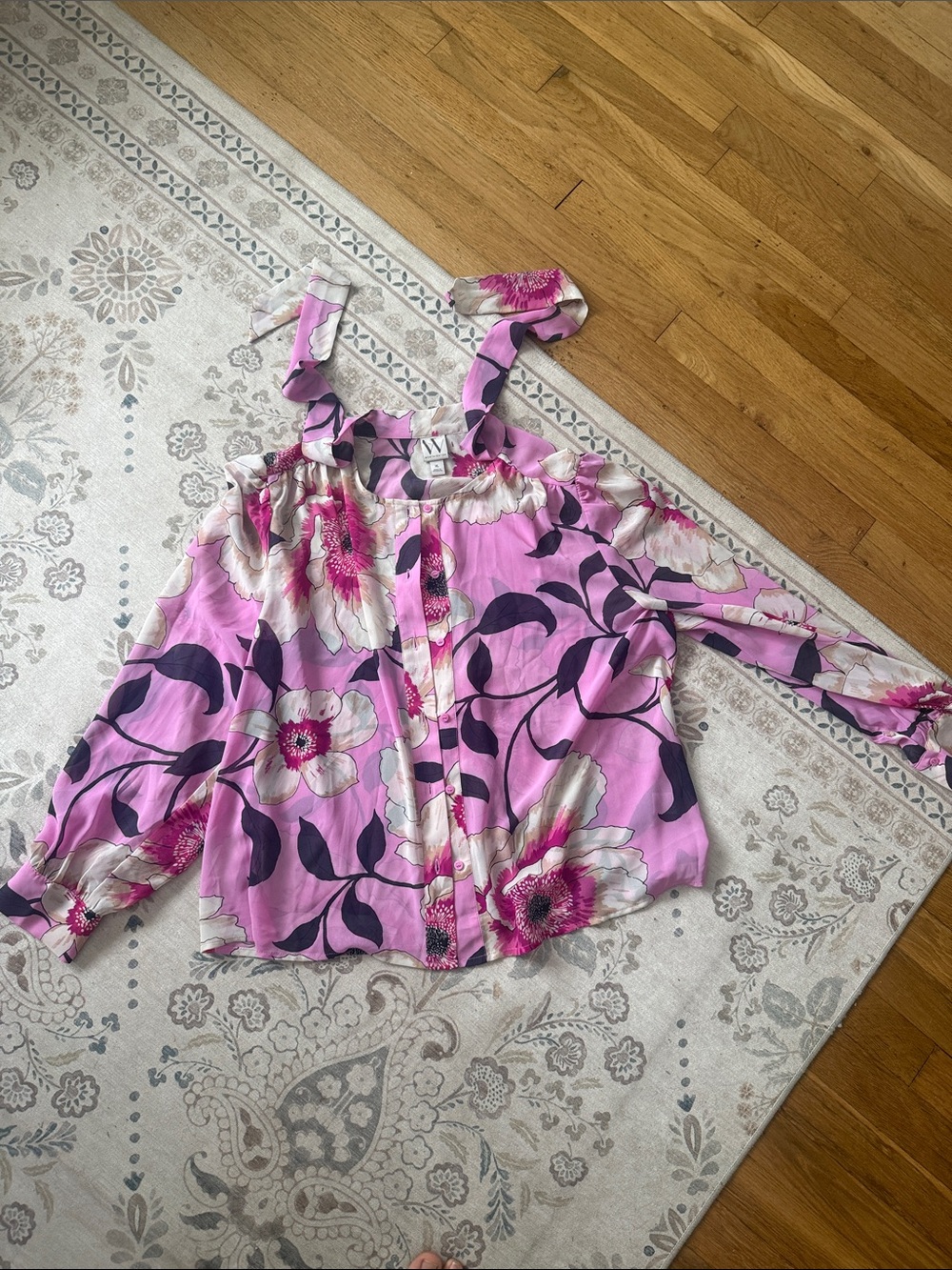 Worthington Pink Floral Tie-Shoulder Blouse